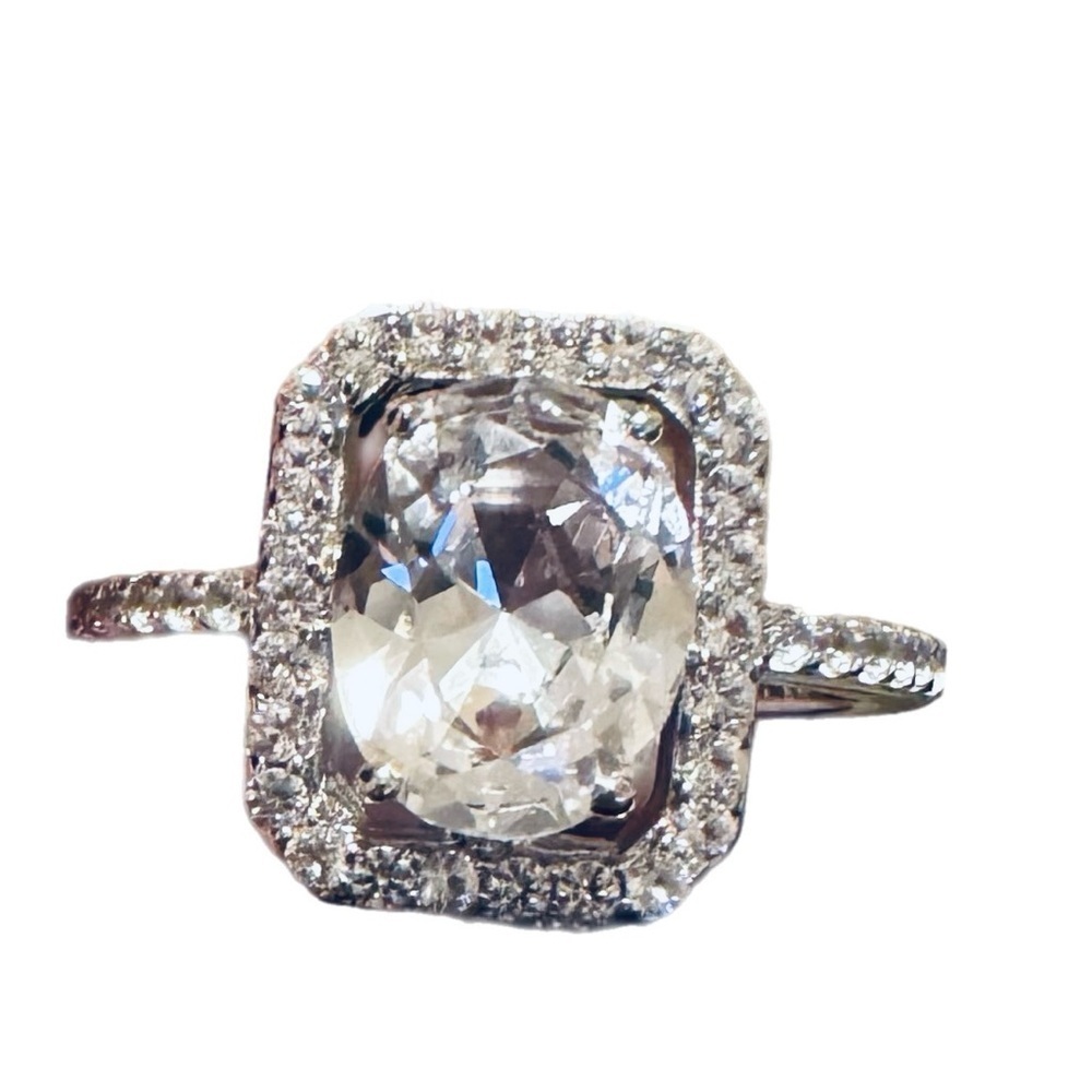 Sterling Silver 925 Rhodium Plated Oval & Round Created White Sapphire Ring SZ 7